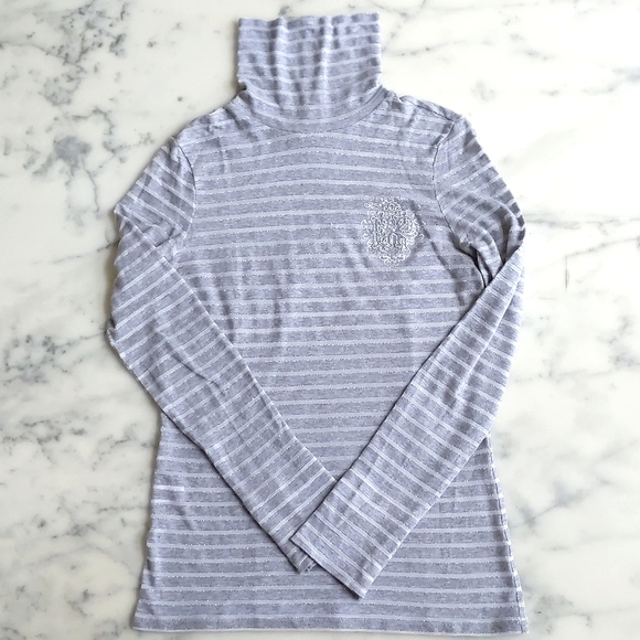 Express Stripe Turtleneck Long Sleeve Top w/Silver Crystal Embroidered Logo. - Picture 3 of 4